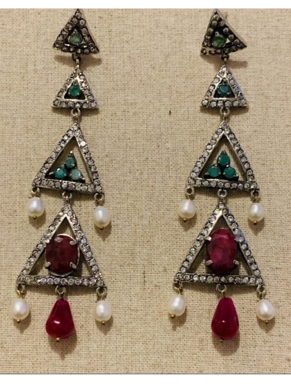 Ruby Emerald Pearl & Zircon Chandelier Earrings